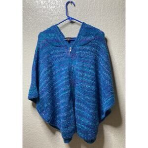 Fever Knit Poncho Womens Large Turquoise And Purple Hooded Full Zip Sweater